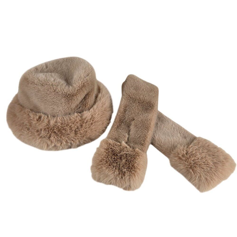 Faux Fur Cossack Hat Scarf Set Womens Winter Accessories Soft Warm Beige